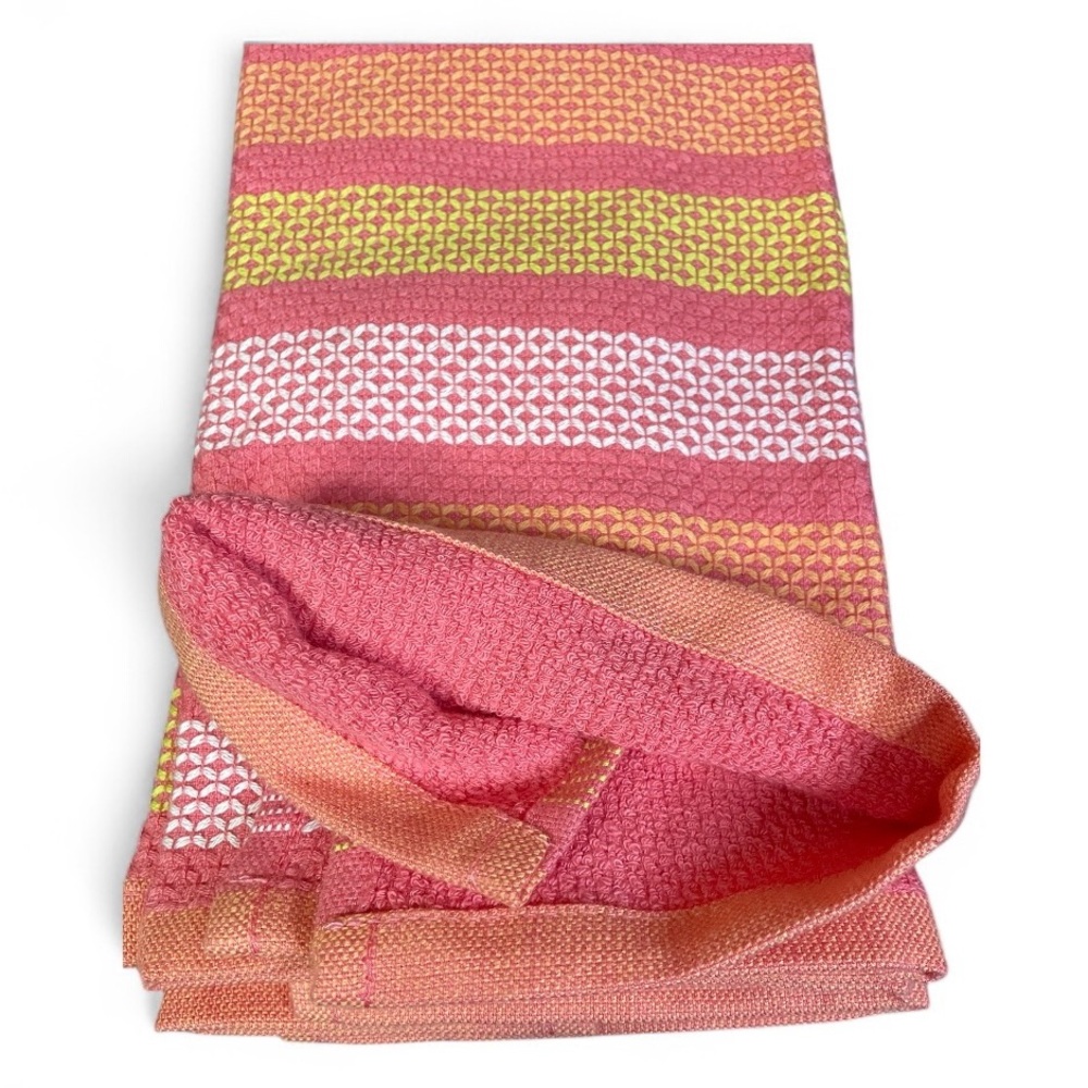 Kitchen Towel Set 2ct Pink Yellow Orange White Horizontal Stripes Textured NWT - Picture 2 of 2